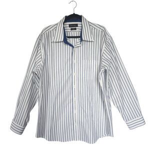 Paul Frederick Men White Blue Striped Button Down Shirt 18 x 35 Slim Fit Collar
